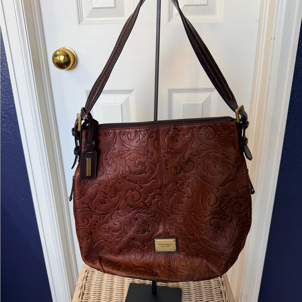 Tignanello Embossed Leather Shoulder Bag in Brown